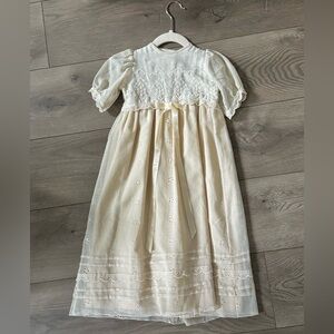 Vintage Ivory Christening Dress - Hand sewn Organza Eyelet Picot 12M Baby Gown
